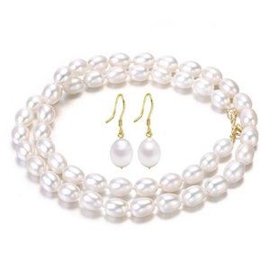 6-7mm Hand Strung Natural Rice Pearl Necklace Earring Set